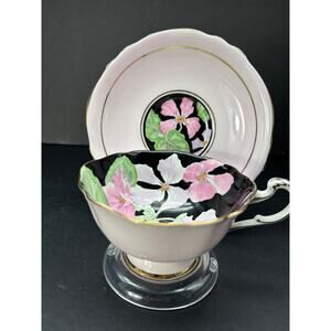 Paragon Fine Bone China "By Appointment"Pink Cup Saucer inside Black Pink Floral
